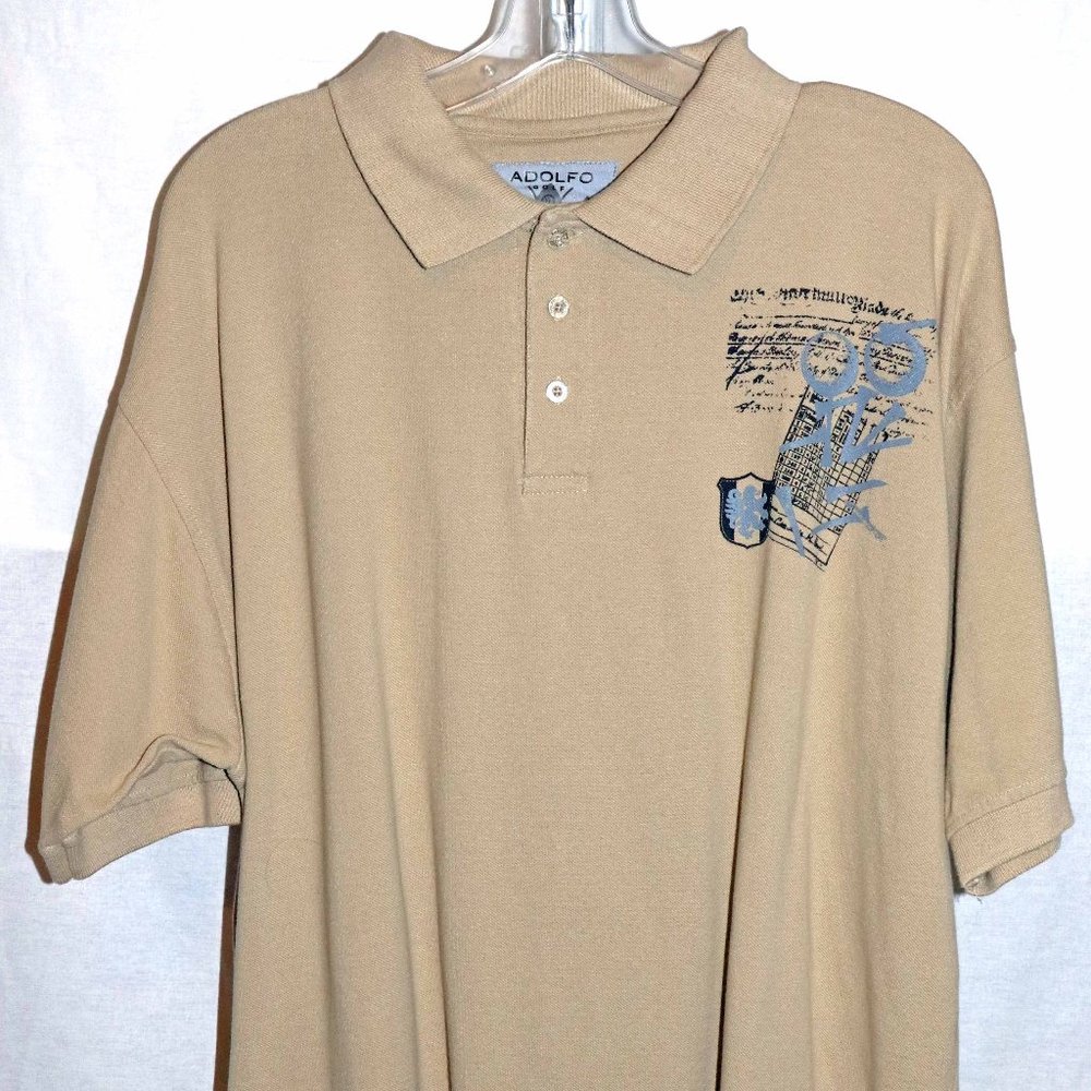 Great Adolfo Golf Tan Picot Graphic Print Short Sleeve Golf Shirt Size XL GUC